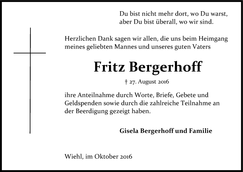  Traueranzeige für Fritz Bergerhoff vom 15.10.2016 aus Kölner Stadt-Anzeiger / Kölnische Rundschau / Express