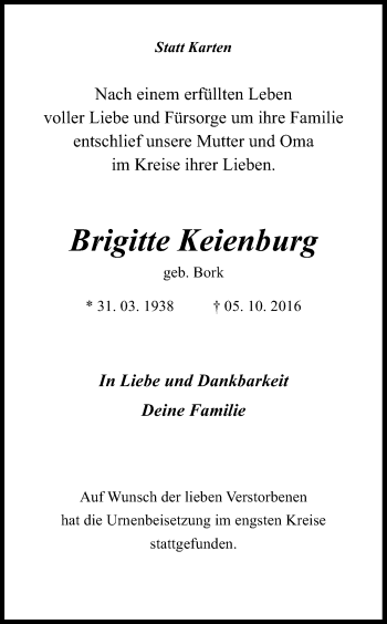 Anzeige von Brigitte Keienburg von Kölner Stadt-Anzeiger / Kölnische Rundschau / Express