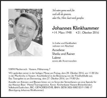 Anzeige von Johannes Klinkhammer von Kölner Stadt-Anzeiger / Kölnische Rundschau / Express