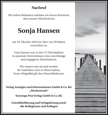 Anzeige von Sonja Hansen von  Sonntags-Post 