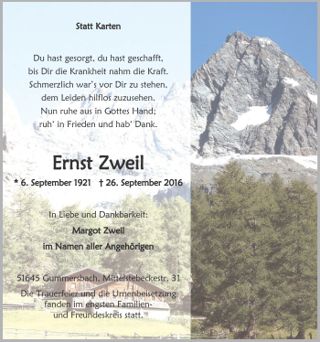 Anzeige von Ernst Zweil von  Anzeigen Echo 