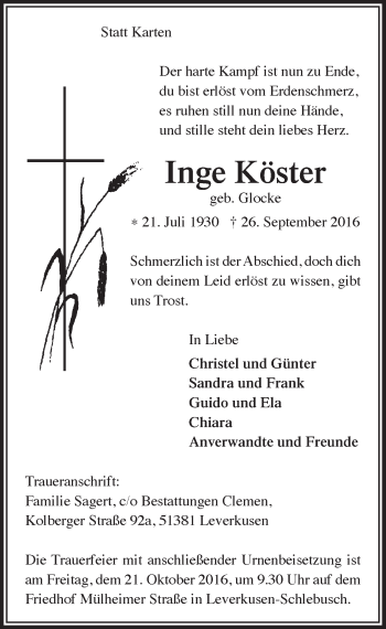 Anzeige von Inge Köster von  Leverkusener Wochenende 
