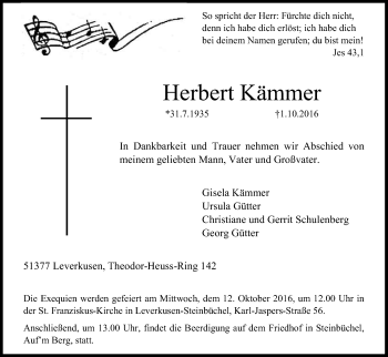 Anzeige von Herbert Kämmer von Kölner Stadt-Anzeiger / Kölnische Rundschau / Express