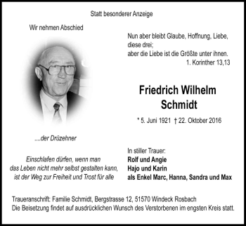 Anzeige von Friedrich Wilhelm Schmidt von Kölner Stadt-Anzeiger / Kölnische Rundschau / Express