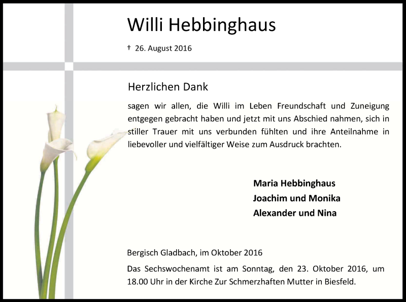  Traueranzeige für Willi Hebbinghaus vom 15.10.2016 aus Kölner Stadt-Anzeiger / Kölnische Rundschau / Express