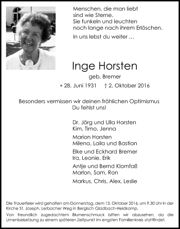 Anzeige von Inge Horsten von Kölner Stadt-Anzeiger / Kölnische Rundschau / Express