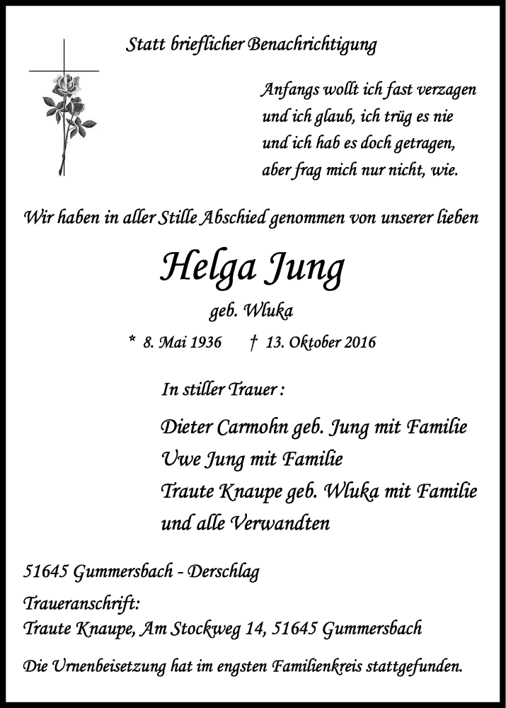 Traueranzeige für Helga Jung vom 22.10.2016 aus Kölner Stadt-Anzeiger / Kölnische Rundschau / Express