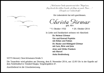 Anzeige von Christa Görmar von Kölner Stadt-Anzeiger / Kölnische Rundschau / Express