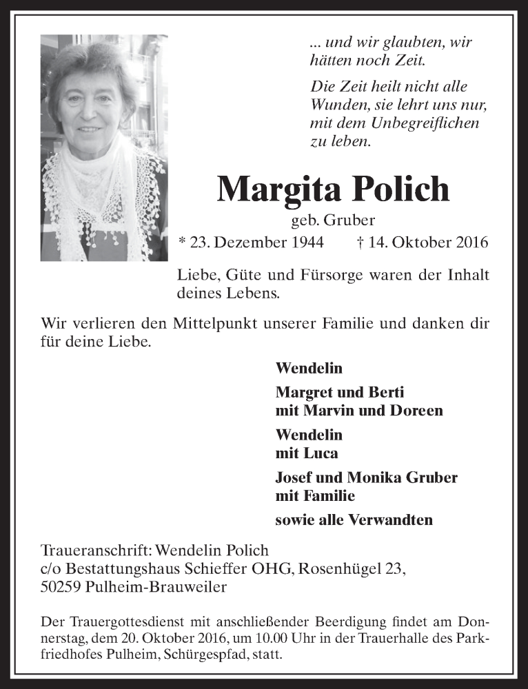  Traueranzeige für Margita Polich vom 19.10.2016 aus  Wochenende 