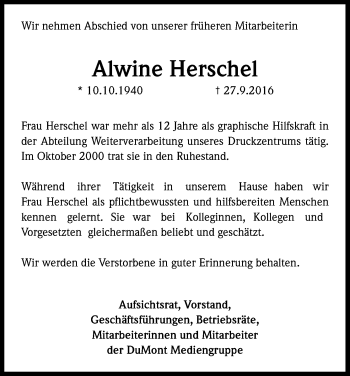 Anzeige von Alwine Herschel von Kölner Stadt-Anzeiger / Kölnische Rundschau / Express