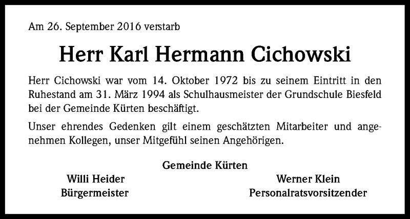  Traueranzeige für Karl Hermann Cichowski vom 05.10.2016 aus Kölner Stadt-Anzeiger / Kölnische Rundschau / Express