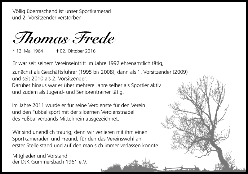  Traueranzeige für Thomas Frede vom 17.10.2016 aus Kölner Stadt-Anzeiger / Kölnische Rundschau / Express