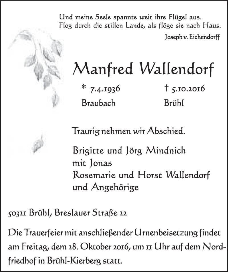  Traueranzeige für Manfred Wallendorf vom 26.10.2016 aus  Schlossbote/Werbekurier 