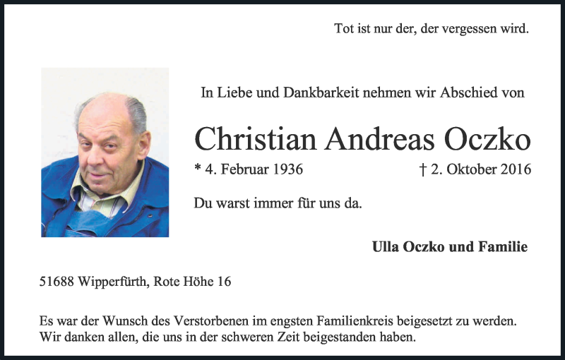  Traueranzeige für Christian Andreas Oczko vom 08.10.2016 aus Kölner Stadt-Anzeiger / Kölnische Rundschau / Express