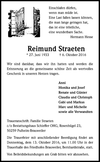 Anzeige von Reimund Straeten von Kölner Stadt-Anzeiger / Kölnische Rundschau / Express