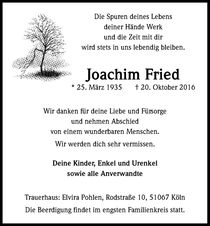  Traueranzeige für Joachim Fried vom 25.10.2016 aus Kölner Stadt-Anzeiger / Kölnische Rundschau / Express