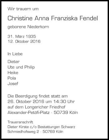 Anzeige von Christine Anna Franziska Fendel von Kölner Stadt-Anzeiger / Kölnische Rundschau / Express