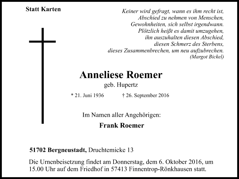  Traueranzeige für Anneliese Roemer vom 03.10.2016 aus Kölner Stadt-Anzeiger / Kölnische Rundschau / Express