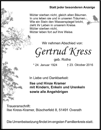Anzeige von Gertrud Kress von Kölner Stadt-Anzeiger / Kölnische Rundschau / Express