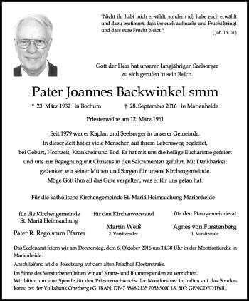 Anzeige von Johannes Backwinkel von Kölner Stadt-Anzeiger / Kölnische Rundschau / Express