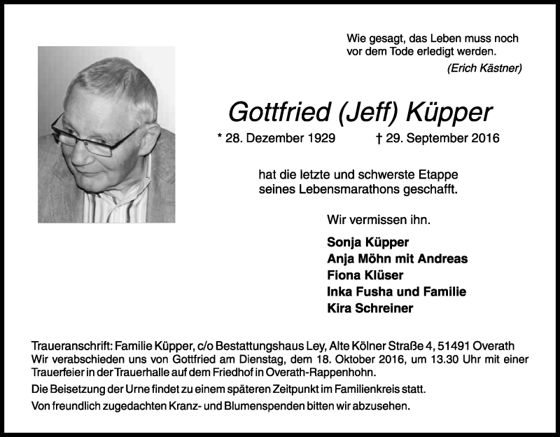  Traueranzeige für Gottfried Küpper vom 08.10.2016 aus Kölner Stadt-Anzeiger / Kölnische Rundschau / Express