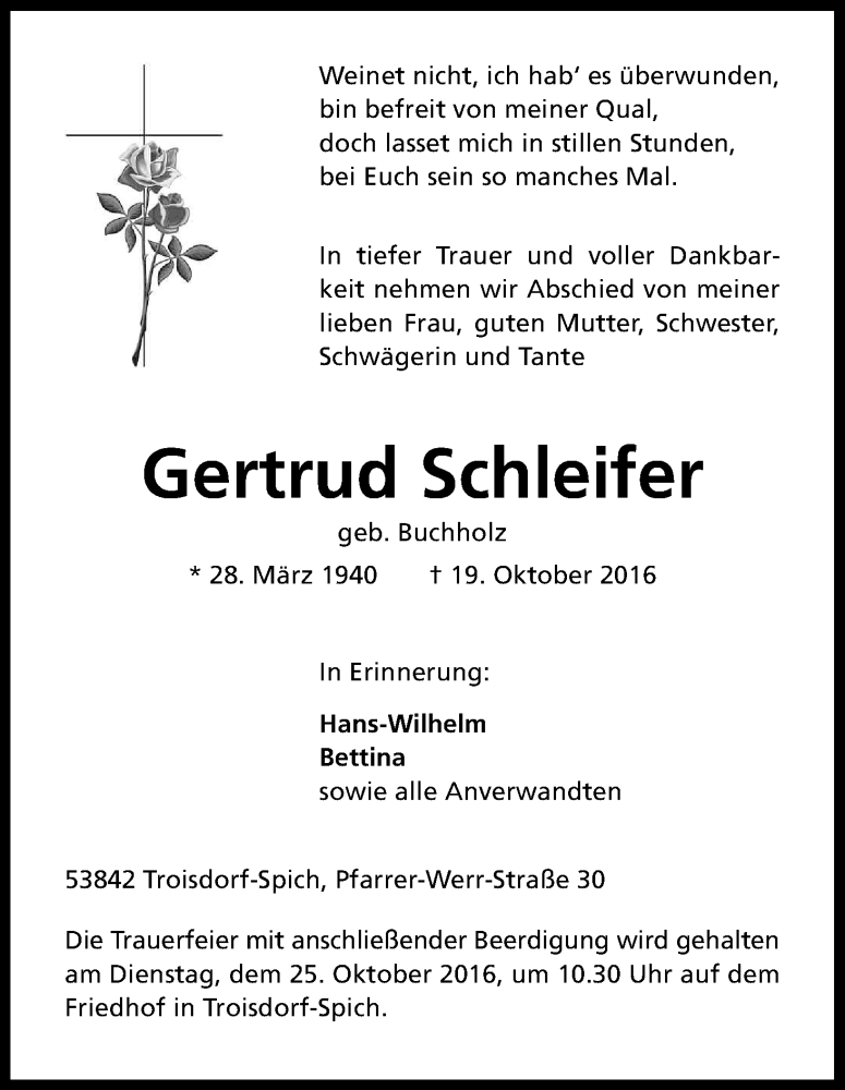  Traueranzeige für Gertrud Schleifer vom 22.10.2016 aus Kölner Stadt-Anzeiger / Kölnische Rundschau / Express