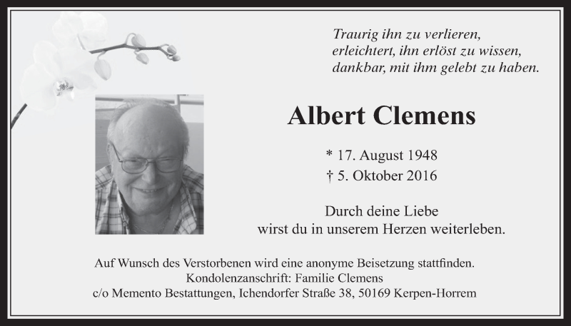  Traueranzeige für Albert Clemens vom 12.10.2016 aus  Werbepost 