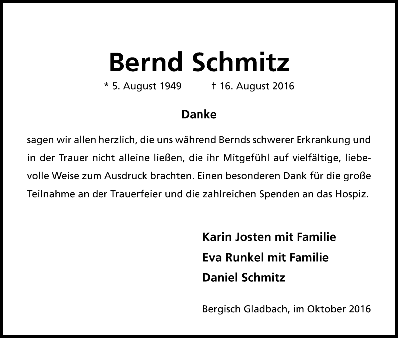  Traueranzeige für Bernd Schmitz vom 15.10.2016 aus Kölner Stadt-Anzeiger / Kölnische Rundschau / Express