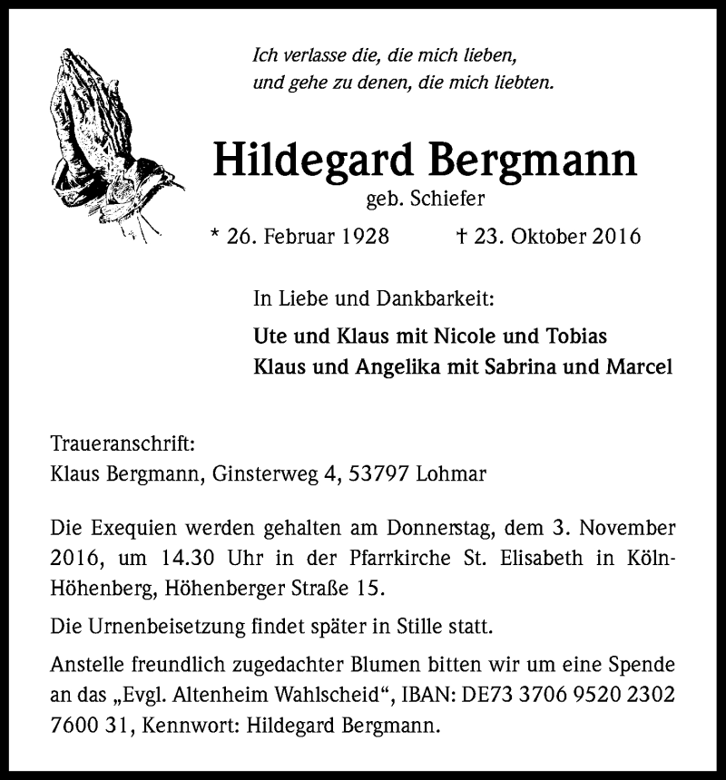  Traueranzeige für Hildegard Bergmann vom 27.10.2016 aus Kölner Stadt-Anzeiger / Kölnische Rundschau / Express