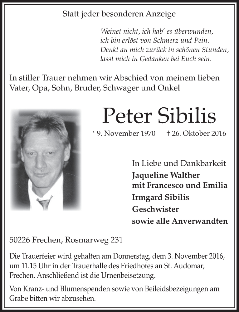  Traueranzeige für Peter Sibilis vom 29.10.2016 aus  Sonntags-Post 