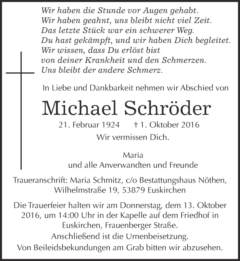  Traueranzeige für Michael Schröder vom 08.10.2016 aus  Blickpunkt Euskirchen 
