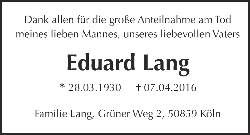  Traueranzeige für Eduard Lang vom 19.10.2016 aus  Kölner Wochenspiegel 