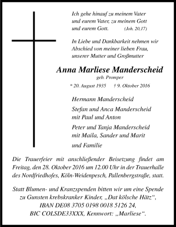 Anzeige von Anna Marliese Manderscheid von Kölner Stadt-Anzeiger / Kölnische Rundschau / Express