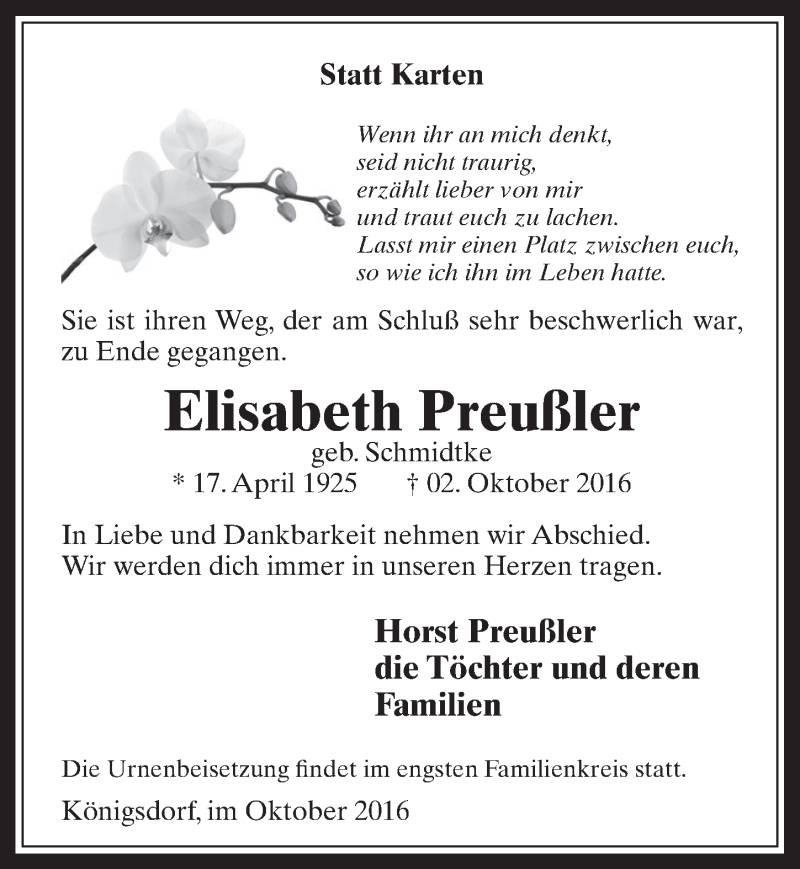  Traueranzeige für Elisabeth Preußler vom 12.10.2016 aus  Wochenende 