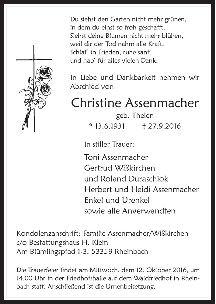  Traueranzeige für Christine Assenmacher vom 05.10.2016 aus  Schaufenster/Blickpunkt 