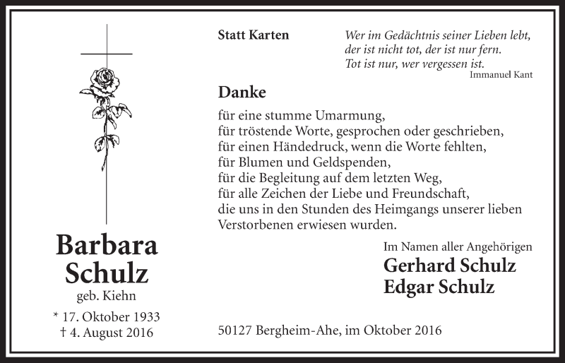  Traueranzeige für Barbara Schulz vom 08.10.2016 aus  Sonntags-Post 