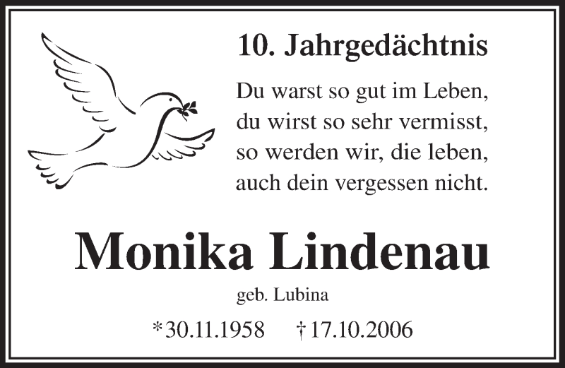  Traueranzeige für Monika Lindenau vom 12.10.2016 aus  Anzeigen Echo 