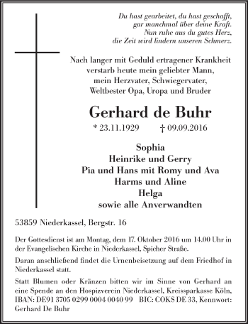 Anzeige von Gerhard de Buhr von  Extra Blatt 