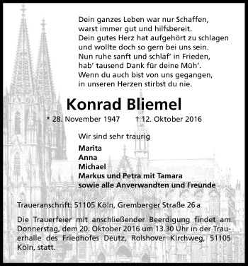 Anzeige von Konrad Bliemel von Kölner Stadt-Anzeiger / Kölnische Rundschau / Express