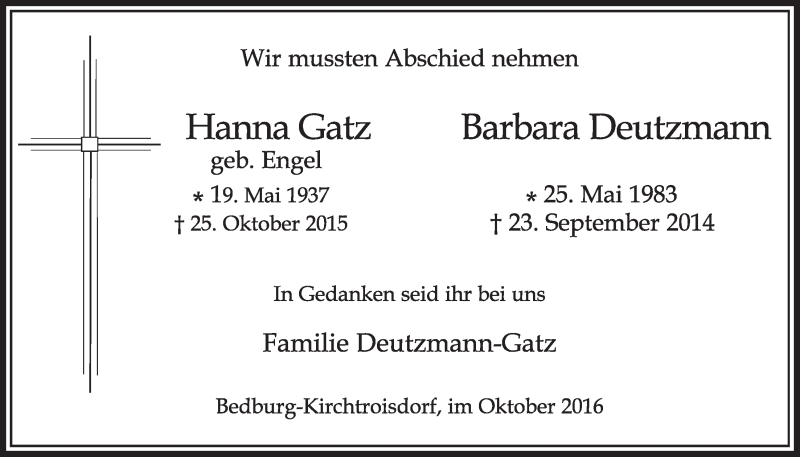  Traueranzeige für Hanna Gatz und Barbara Deutzmann vom 29.10.2016 aus  Sonntags-Post 