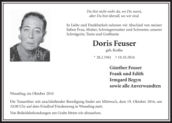 Anzeige von Doris Feuser von  Schlossbote/Werbekurier 