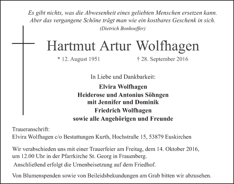  Traueranzeige für Hartmut Artur Wolfhagen vom 08.10.2016 aus  Blickpunkt Euskirchen 