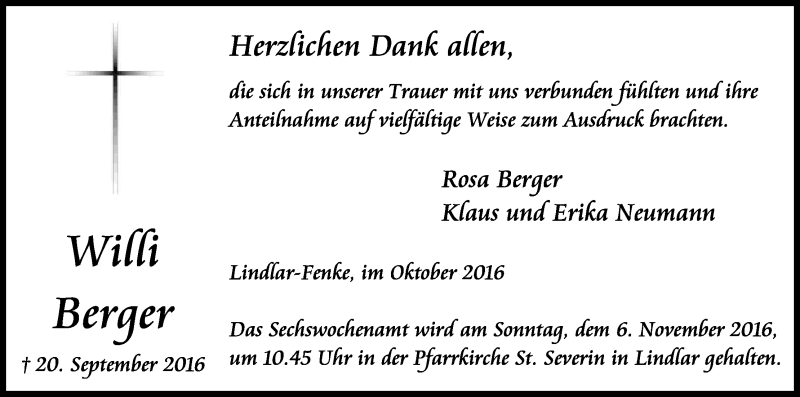  Traueranzeige für Willi Berger vom 29.10.2016 aus Kölner Stadt-Anzeiger / Kölnische Rundschau / Express