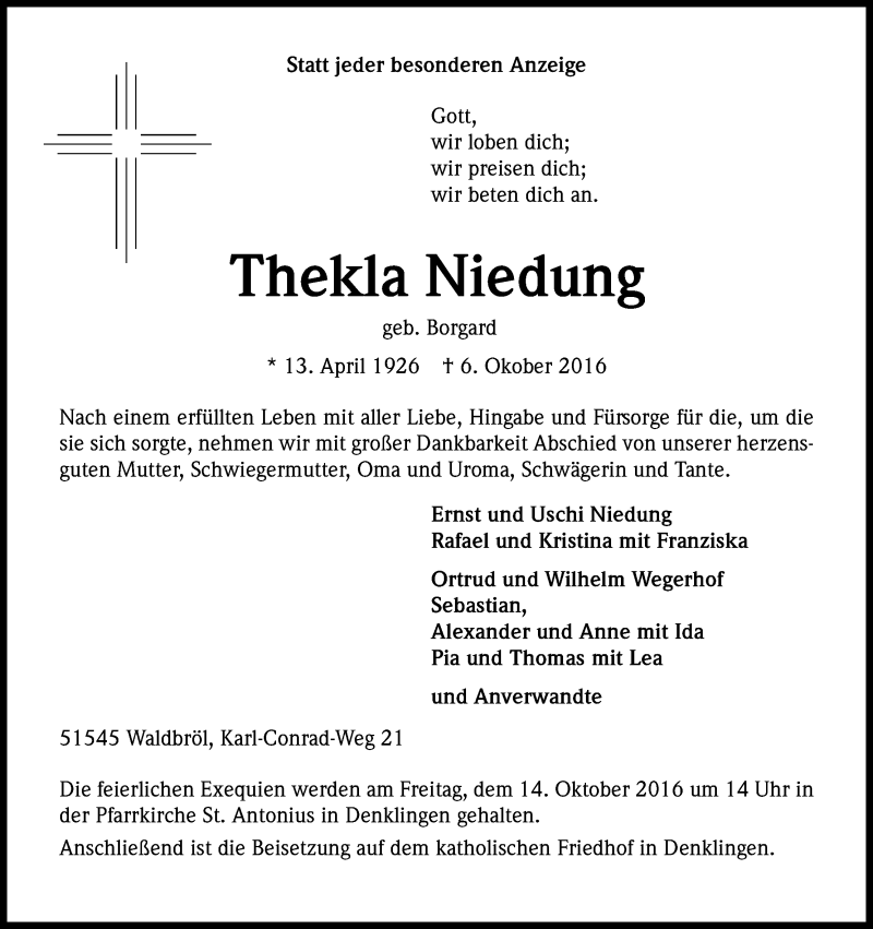  Traueranzeige für Thekla Niedung vom 11.10.2016 aus Kölner Stadt-Anzeiger / Kölnische Rundschau / Express