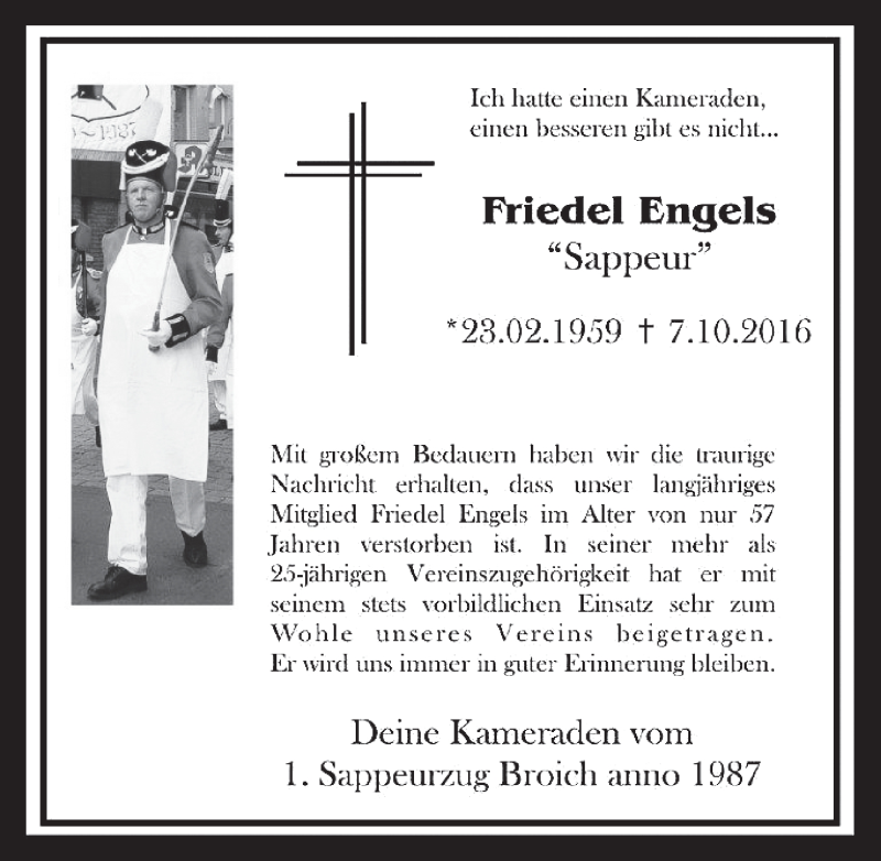  Traueranzeige für Friedel Engels vom 19.10.2016 aus  Werbepost 