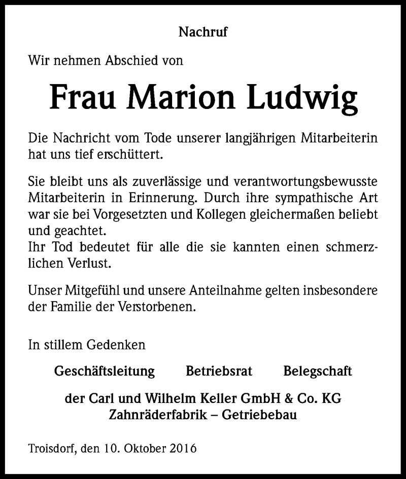  Traueranzeige für Marion Ludwig vom 12.10.2016 aus Kölner Stadt-Anzeiger / Kölnische Rundschau / Express