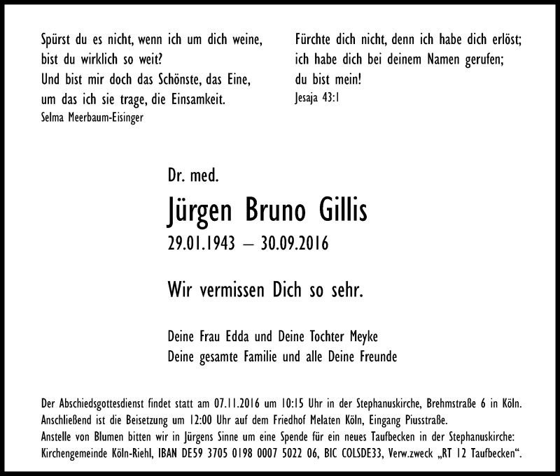  Traueranzeige für Jürgen Bruno Gillis vom 29.10.2016 aus Kölner Stadt-Anzeiger / Kölnische Rundschau / Express