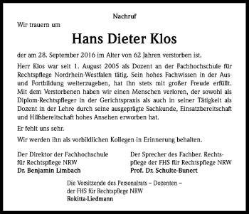 Anzeige von Hans Dieter Klos von Kölner Stadt-Anzeiger / Kölnische Rundschau / Express