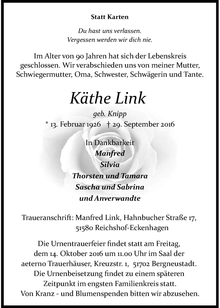  Traueranzeige für Käthe Link vom 08.10.2016 aus Kölner Stadt-Anzeiger / Kölnische Rundschau / Express