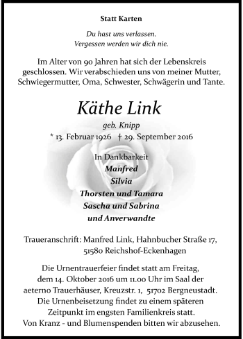 Anzeige von Käthe Link von Kölner Stadt-Anzeiger / Kölnische Rundschau / Express